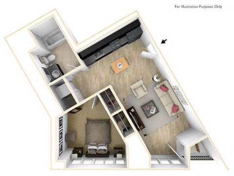 Floor plan for 1 bed, 1 bath, 598 sqft